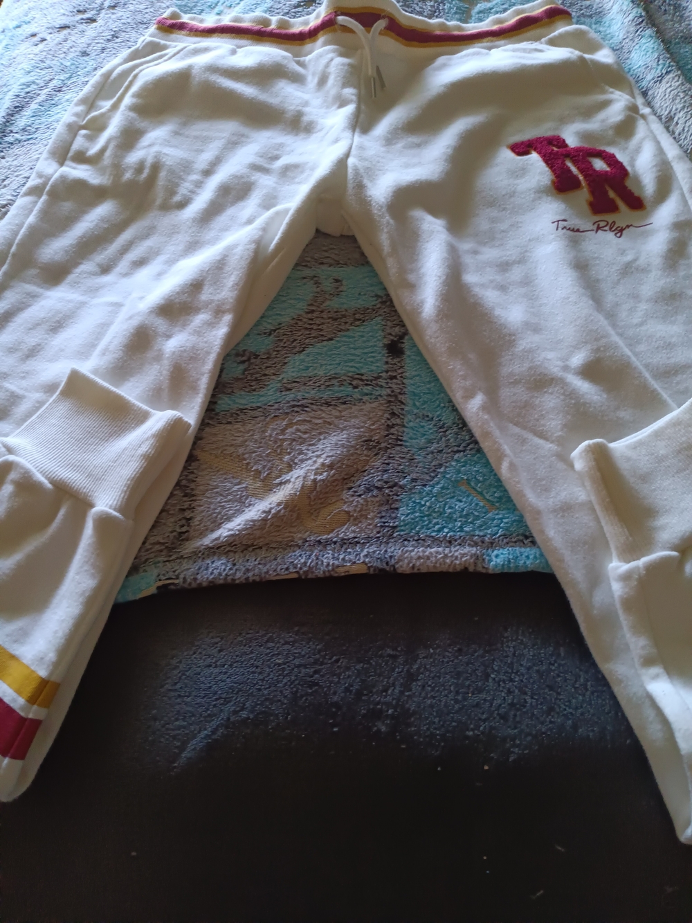 White Adult Sweatpants with Red Accent and Stripe Waistband